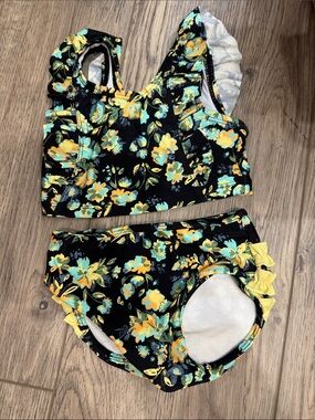 Ruffle Butts Black Floral Two-Piece Girls Swim Set in Yellow & Teal